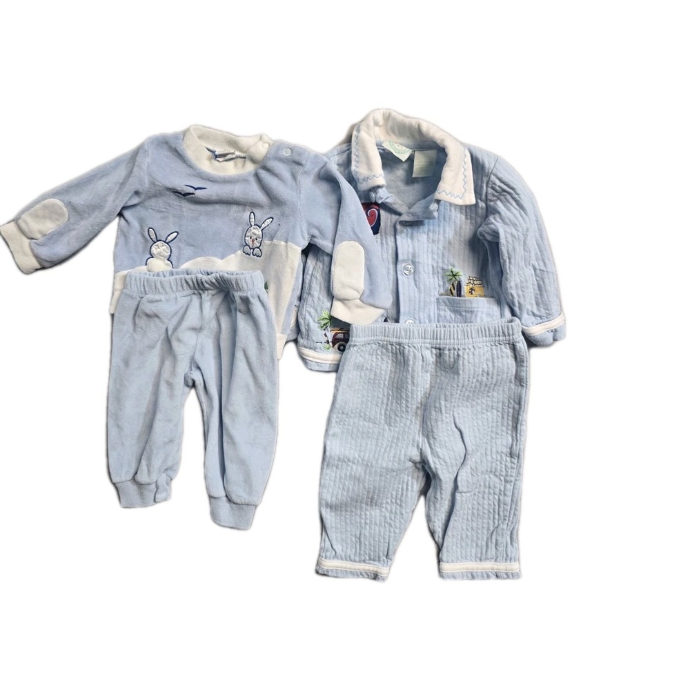 Vintage Boys Bloue Shirt Pants Lot‎ of 4 3-6 Months Blue Surf Up Bunnies